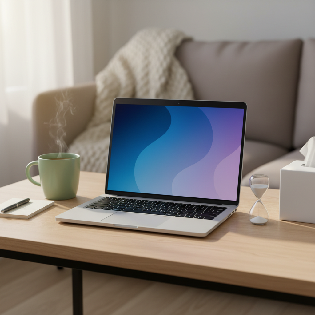 A modern laptop open on a smooth, light birch desk in a minimalist living room, no people present, captured in clean photographic realism. On the laptop screen, a muted, abstract gradient in calming blues and purples suggests a secure telehealth platform without any visible text. A ceramic mug in soft matte sage green sits beside a small notepad and pen, while a compact sand timer and a box of neatly arranged tissues hint at a therapeutic context. Warm, diffused morning light enters from an unseen window, illuminating the workspace and casting very soft shadows. The background shows a blurred, neutral sofa with a textured blanket, creating a secure, grounded mood. Framed with a slightly elevated angle and shallow depth of field, the image feels professional, warm, and reassuring.